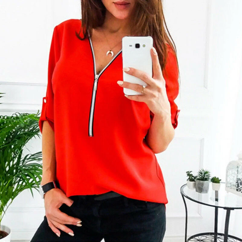 Ladies S-5XL Casual 3/4 Sleeve Tunic Tee Plus Size Elegant Beauty T Shirt Summer Women Solid V-neck Zipper Tops Multicolor