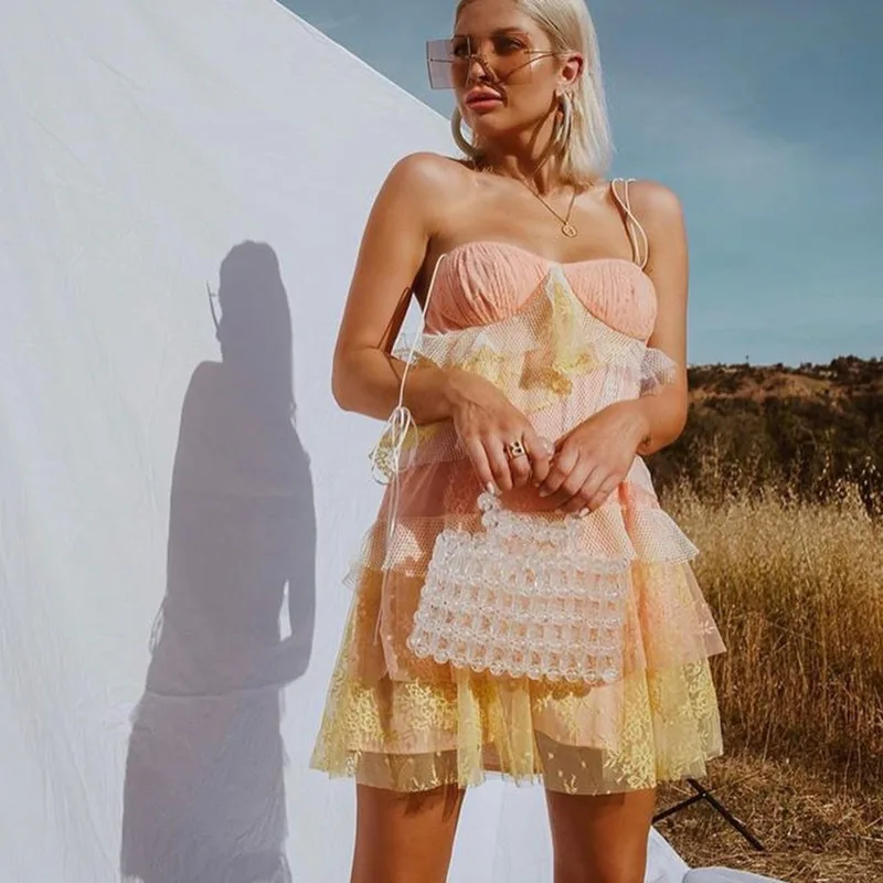 DEAT Summer Autumn Sexy Sleeveless Strapless Pink Floral Print Ruffles Backless Short Mini Lace Dress Women MG487