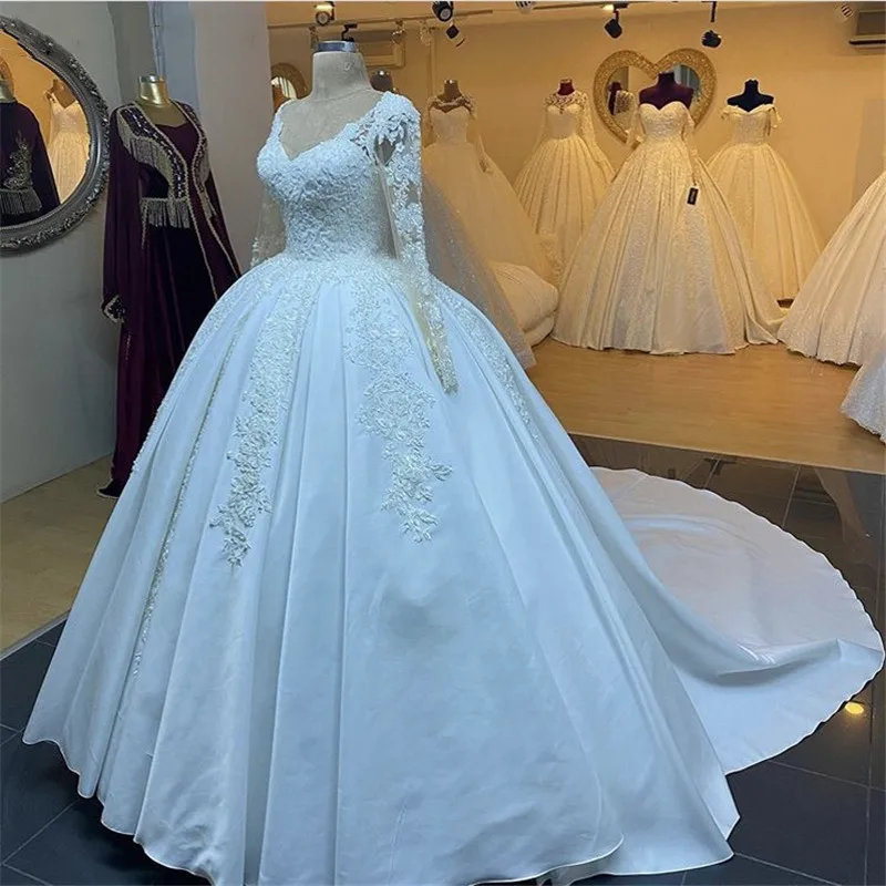 

Wedding Dress 2021 Satin robe de mariee Long Sleeves Lace Appliques Ball Gown vestido De Noiva Train Bridal Wedding Gown