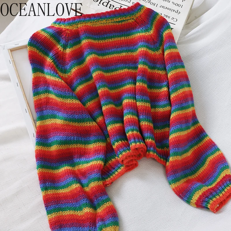

OCEANLOVE Short Pullovers Striped Rainbow Loose Fashion Winter Clothes Women Autumn 2019 Lantern Sleeve Korean Sweaters 12877
