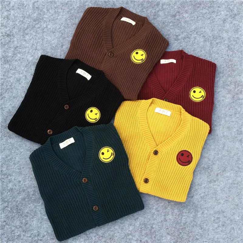 

Spring And Autumn New Style Men And Women CHILDREN'S Sweater Smiling Face Embroidery Cardigan Korean-style Sugar Fruit Color Kni