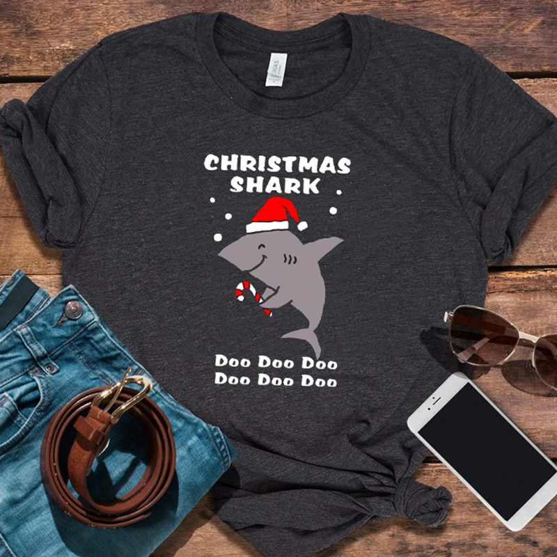 

Christmas Shark Doo Graphic Tees Women Harajuku Womens Tops Casual Print Aesthetic 2019 Gothic Christmas Shirts