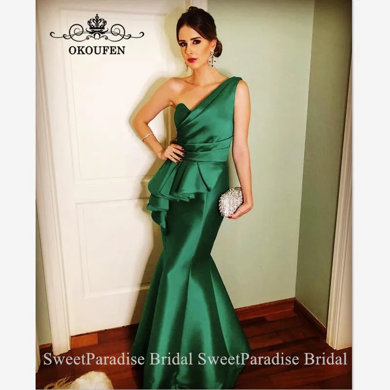

Green Satin Mermaid Evening Dress With Ruffles Waist One Shoulder Cheap Long Party Prom Dresses Robe De Soiree