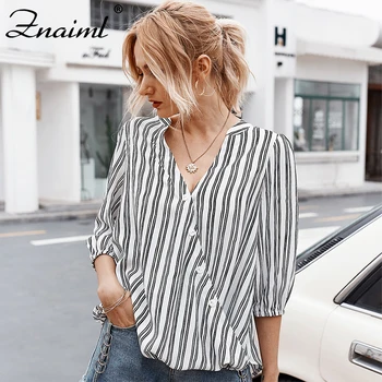 

Elegant Summer Woman Shirt Stripe Loose Casual Striped Single Breasted V-Neck Half Sleeve Shirt Top Button Female Clothing 2020