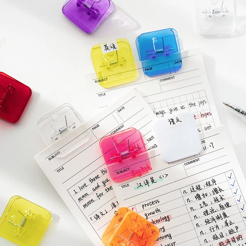 Paper Clips Mini Bookmark 5pcs Candy Mini Square Clips Transparent & Solid Color Page Holder Paper Clip for Memo File Magazine Household A6794