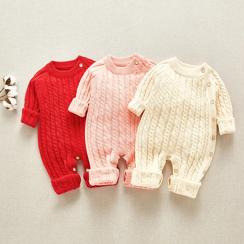 

Baby Rompers Winter Warm Knitted Newborn Girls Jumpsuits Autumn Long Sleeve Infant Girls Sweaters Overalls One Piece Kids Outfit