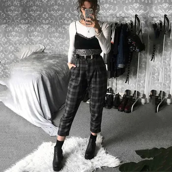 

2020 New Plaid Pants Women Hig Waist Trousers Women Harem Pants Full Length Streetwear Pockets Plus Size Women Spring