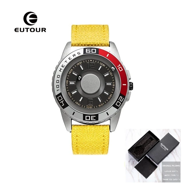 Silver Yellow Canvas Креативный дизайн, EUTOUR, магнитные, металлические, мужские часы пилота, модные, спортивные, многофункциональные, слепое касание, мужские кварцевые часы, холст - Цвет: Silver Yellow Canvas