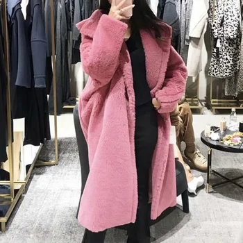 

Pink Long Jacket Coat Women Winter 2019 Thick Warm Oversized Chunky Outerwear Overcoat Women Faux Lambswool Fur Coats Xmas