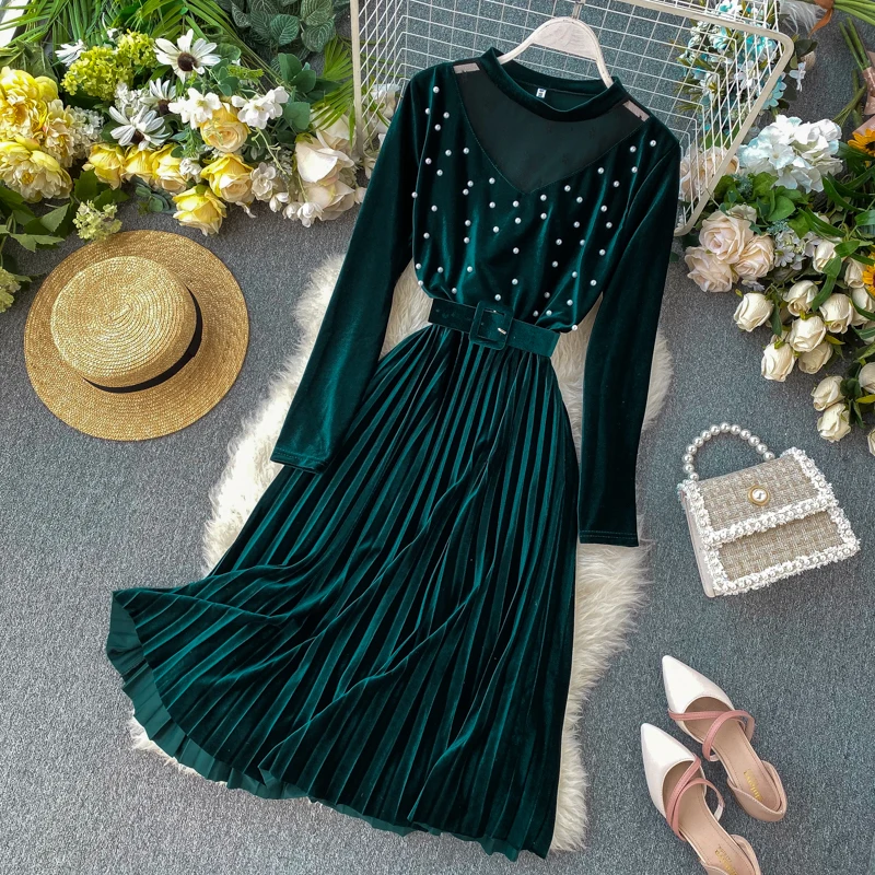 

HISUMA 2019 spring autumn new women o-neck beading velvet stitching lace fairy dress female hollow out elegant pleated dresses