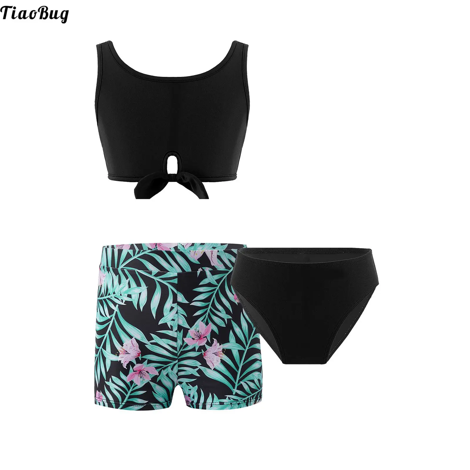 

TiaoBug 3Pcs Kids Girls Print Swimwear U Neck Sleeveless Crop Tops With Briefs And Shorts Set Beach Pool Bathing Swimsuit Bikini