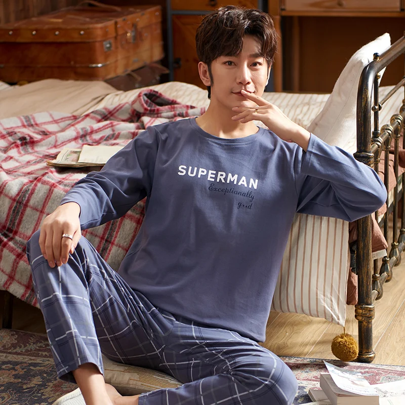 

MELIFLE Autumn Warm Men's Pajamas Set 100% Cotton Letter Print Long Sleeve Sleepwear Winter O-Neck Loose Pure Masculino Nightie