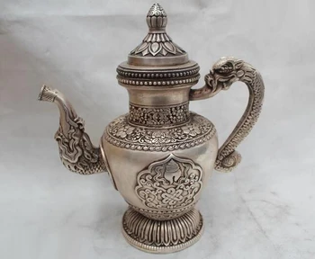 

11"China Tibet Buddhism Folk Silver eight treasures Dragon wine pot flagon
