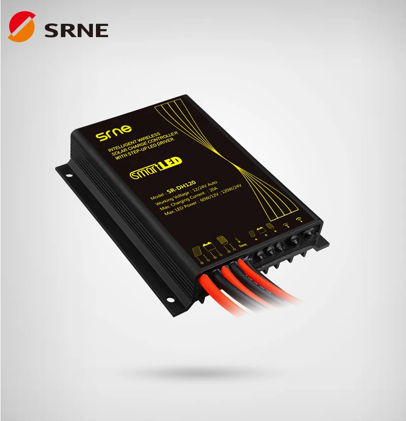 SRNE SR-DH120 12V 24V Солнечный контроллер заряда 20A интеллигентая(ый) Беспроводной за максимальной точкой мощности, Солнечный контроллер заряда с повышающий светодиодный драйвер IP68