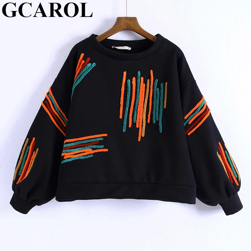

GCAROL Women Colorful Striped Embroidery Sweatshirts O Neck Lantern Sleeve Spring Fall Winter Casual Oversized Jumper Loose Tops
