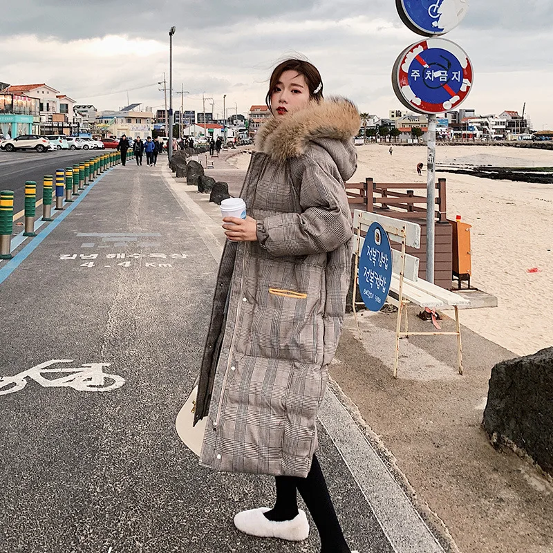

Large Fur Collar over-the-Knee Thick Plaid down Jacket Cotton-padded Clothes Women's Mid-length Korean-style 2018 Winter New Sty