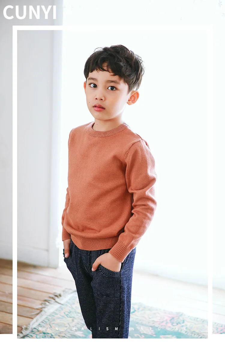 Junichi Yield Childrenswear Boys' Sweater Pullover Autumn And Winter New Style Children Crew Neck Sweater Baby Solid Color Sweat