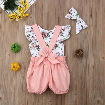 

Ruffled Short sleeve Floral Bodysuit and Suspender Shorts with Headband 3pieces Set For Baby Girl Clothes