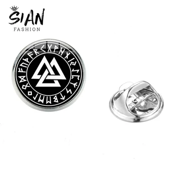 

SIAN Valknut Norse Viking Brooch Odin 's Symbol of Norse Warrior Glass Cabochon Pagan Norway Amulet Stainless Pin Badge for Men