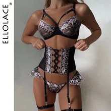  Ellolace Sensual Lingerie Woman Erotic Women's Underwear Fancy Bra with Bones Brief Sets Bandage Waistband Sexy Bilizna Set 