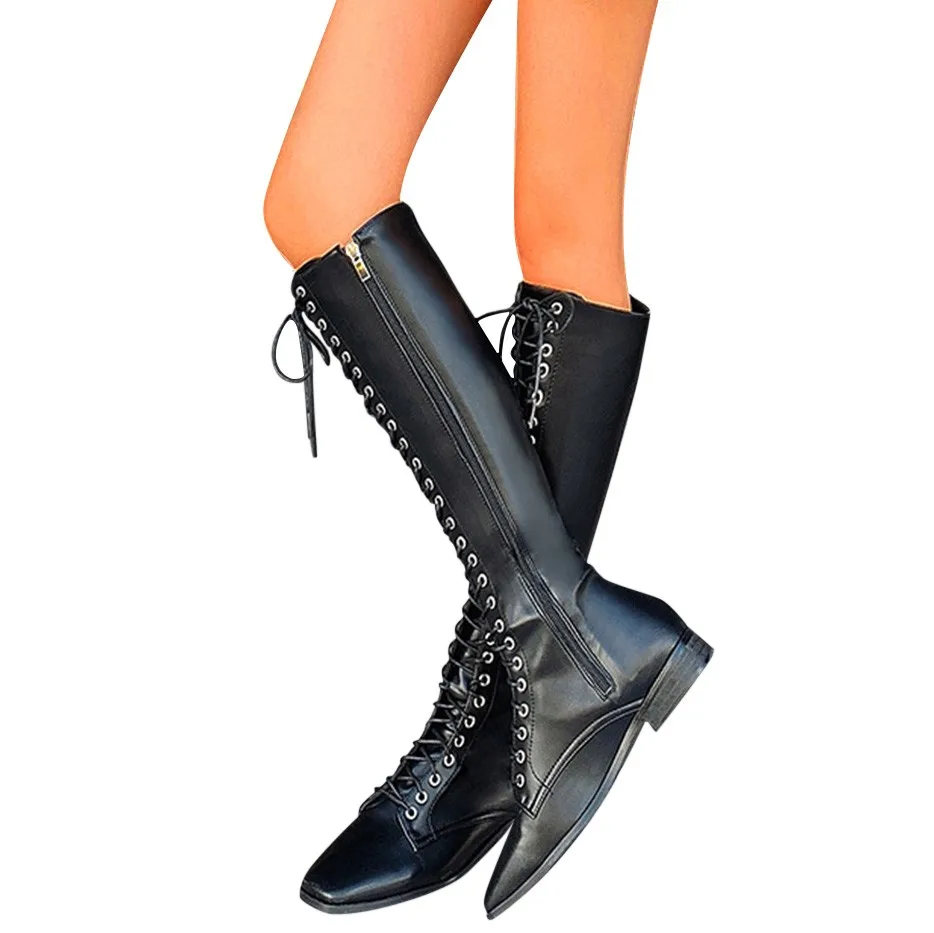 Женские высокие сапоги до колена; модная зимняя женская обувь для верховой езды на молнии со шнуровкой средней высоты; ботинки с квадратным носком в стиле ретро; botas mujer