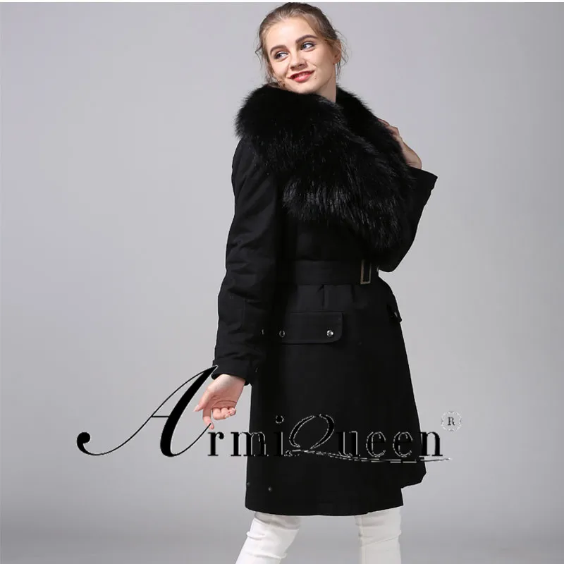 Черный тартан лисий мех пальто с поясом утолщенные роскошные элегантные женские зимние длинные пальто
