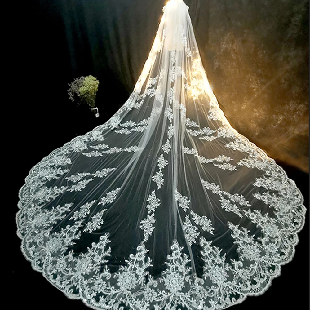 Luxury Long Bridal Veil White Ivory Wedding Veils With Comb Lace Edge  Applique Elegant Cathedral Length 1 T - AliExpress