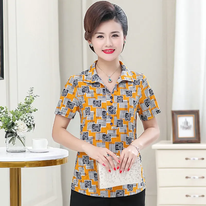 

Middle Aged Women Summer Blouses Yellow Green Blue Plaid Floral Printing Tops Femlae Short Sleeve Turn Down Collar Blouse Mom