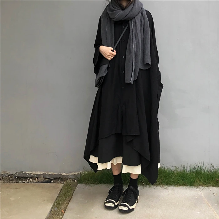 Женская одежда осень зима harajuku черная Повседневная негабаритная рубашка с длинными рукавами и высокая талия длинная юбка комплект из двух предметов