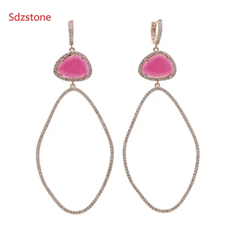 

Sdzstone 70*34mm Big Size Women Oval Earring Wiht Pink Green Big Zircon Fashion Big Dangle Ear Jewelry
