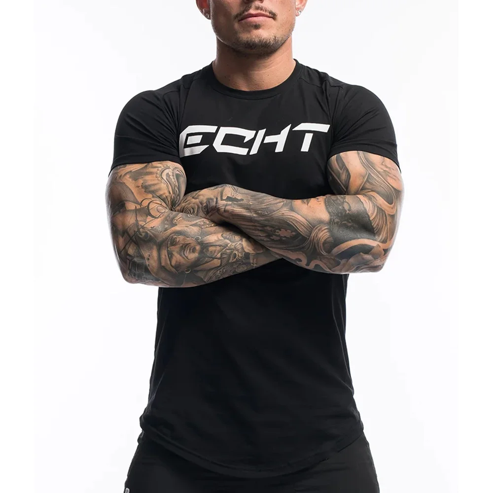 Black (white print) Спортивная хлопковая футболка для фитнеса, мужская спортивная футболка для бега, бодибилдинг, спортивные лосины, летняя футболка, Мужская тренировка бега трусцой, футболки - Цвет: Black (white print)