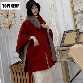 

Woolen Coat Women Winter 2019 Loose Outerwear Elegant Office Lady Overcoat real fox fur collar scarf oversize wool coat