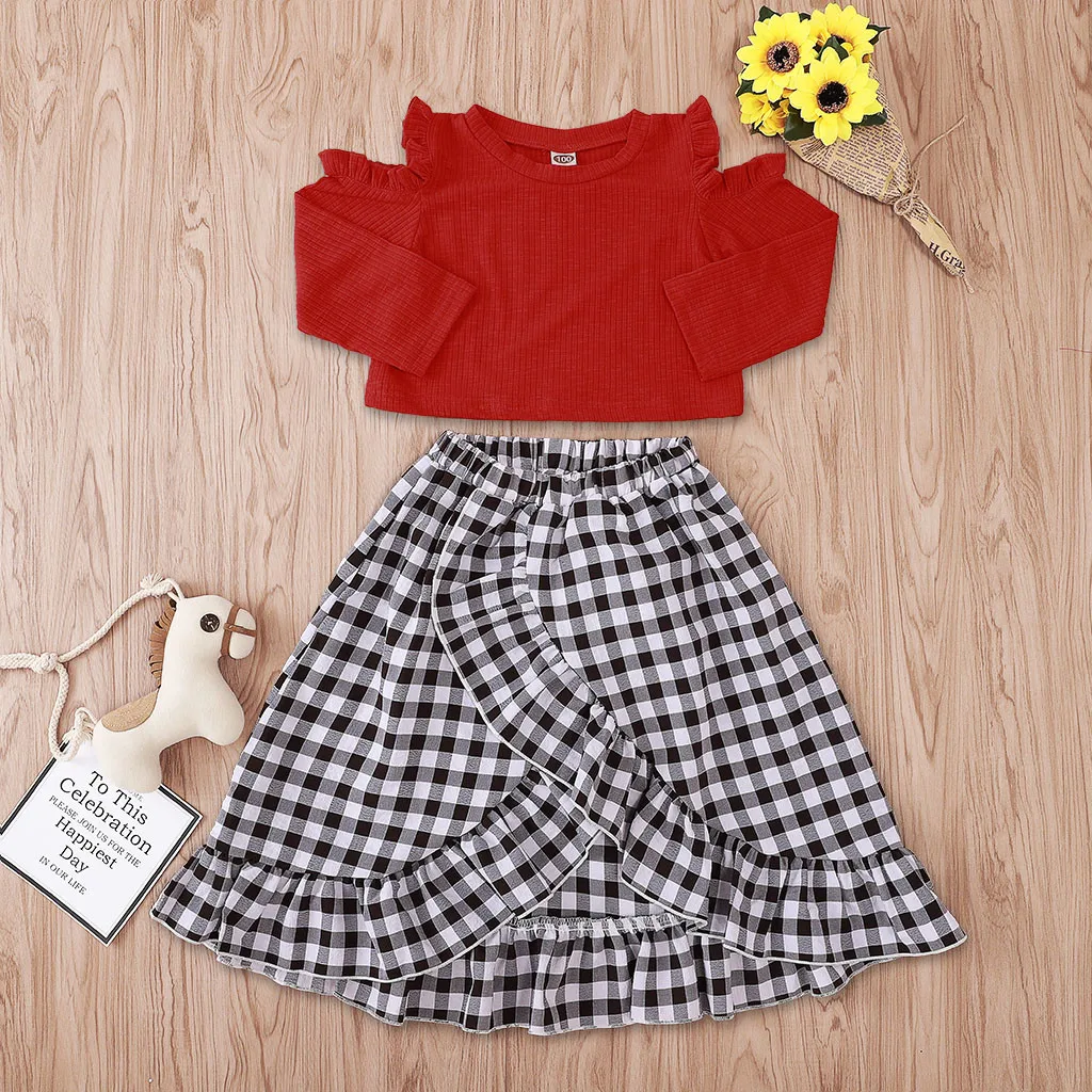 

Hot Sale New 2019 summer autumn girl clothing set Toddler Kids Baby Girls Long Sleeve Solid Tops+Plaid Skirt Ruffles Outfit Set