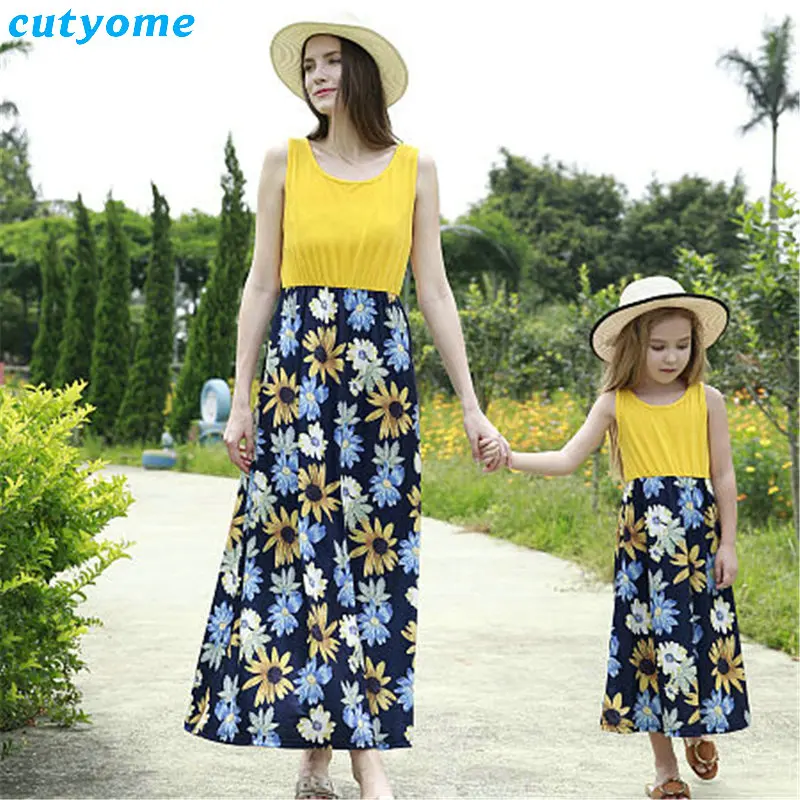 Matching Mother And Daughter Floral Sleeveless Dress Family Patchwork Summer Clothes Mommy And Me Women Sun Flower Sundress