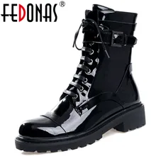 FEDONAS/классические женские ботильоны из натуральной кожи; сезон осень-зима; теплые мотоботы в стиле панк; обувь для ночного клуба; женская обувь на не сужающемся книзу массивном каблуке