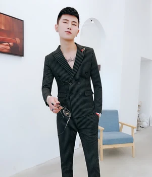 

Men's striped casual suit suit Korean version of the slim handsome British youth suit men's trend double-breasted suit set