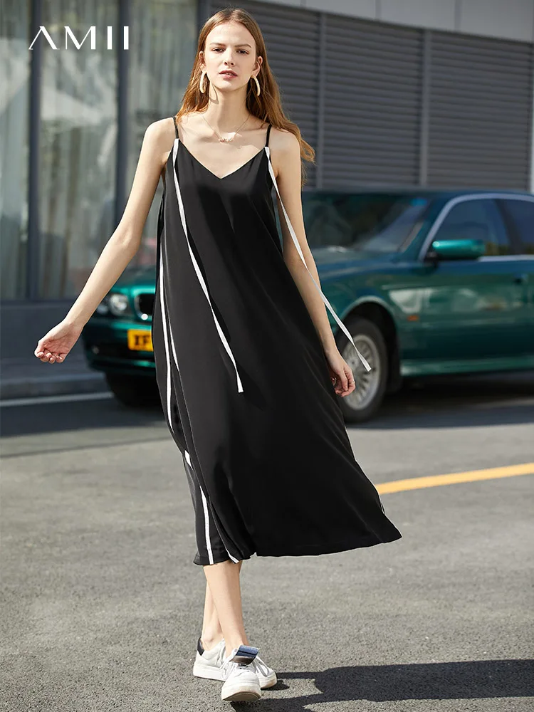 

Amii Summer Beach Strap Dress Female Sleeveless V-neck Solid Loose Dresses Vestidos 11920081