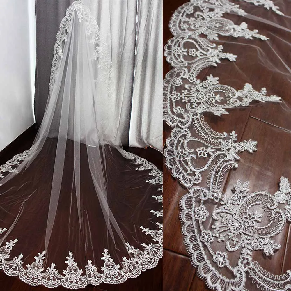 

Long Wedding Veil with High Quality Lace Cathedral Bridal Veil with Comb One Layer 3 Meters White Ivory Veil Wedding Accessories