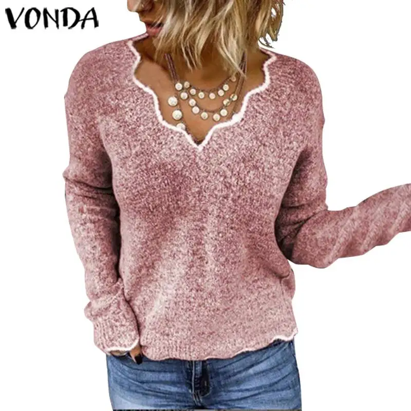 S-5XL, осенняя блуза с длинным рукавом, женский свитер,, VONDA, трикотаж, топы, сексуальный глубокий v-образный вырез, однотонный вязаный пуловер, тонкий свитер размера плюс