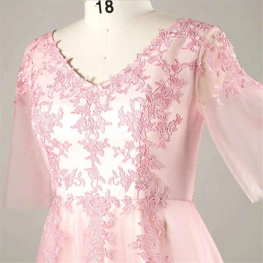 V-neck Prom Gown Half Sleeve A-Line Vestidos De Gala T491 Plus Size Pink Dresses Women Party Night Medium Length Prom Dress