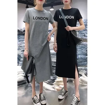 

Korean Summer Women Dress Robe Ete Short Sleeve Sexy Split A-line Dress Sundress Robe Empire Elegant Dress