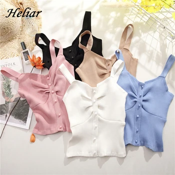 

HELIAR Women топ V-Neck Buttoned Up Crop Tops Women Tops Pleated Spaghetti 2020 Summer топ женский Camis For Women Clothing