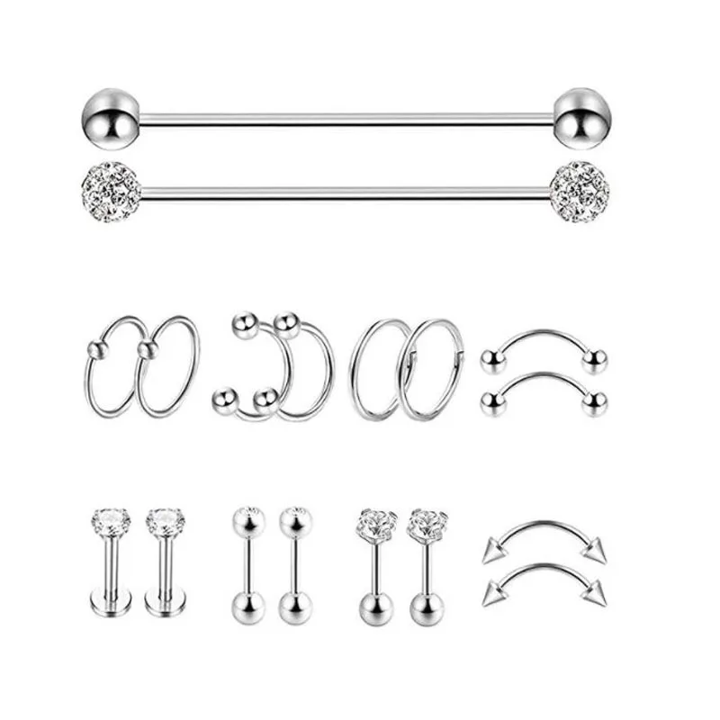 18pcs/lot Punk Stainles Steel Multi Function Open Hoop Ring Mix Styles Body Piercing Tongue Eyebrow Belly Nose Ring Lip Jewelry