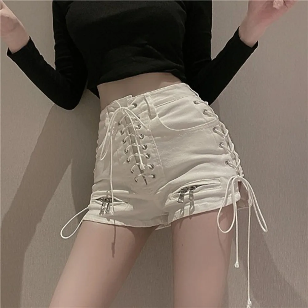 Rosetic Bandage Sexy Denim Shorts Women Streetwear Gothic Jeans Mini High Waist Lace Up Casual Zip Black Goth Club Fashion 2021 black denim shorts