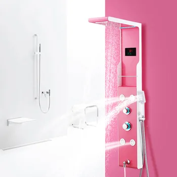 

Luxury Shower Faucet Set with Temperature Display, Bathroom Digital Shower System Pink Rainfall Shower Head, Chrome Finish