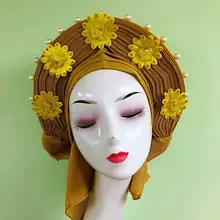 ASO OKE повязка на голову с бисером Авто геле тюрбан головной убор уже сделана Золотая кружевная ткань цветочная ткань высокого качества