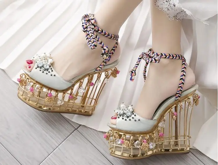 Cage Fretwork Wedge Heels Peep Toe Pearls Woman Ropes Lace Up Platform  Sandals Sweet 3D Floral Iron Net Shoes|High Heels| - AliExpress