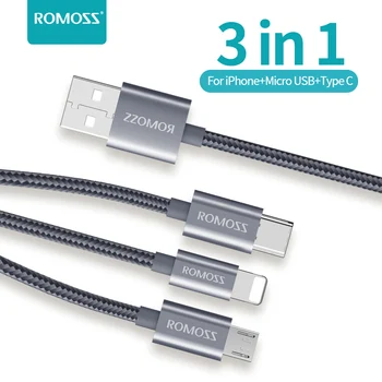 

ROMOSS 3 IN 1 USB Cable Micro USB C Fast Charging Data Wire Type-C Charger Cable For iPhone 7 11 Huawei P40 P30 Samsung Xiaomi