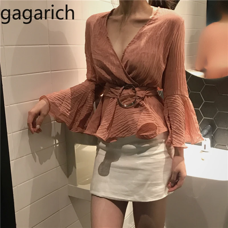 

Gagarich Lady Spring Elegant Shirts Femme Vintage Bandage Slim Waist Fairy Chiffon Blouses Female Chic V Neck Flare Sleeve Tops