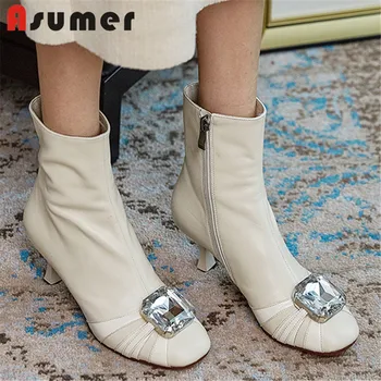 

Asumer big size 40 genuine leather ankle boots women shoes round toe crystal zip thin heel fashion party wedding shoes woman